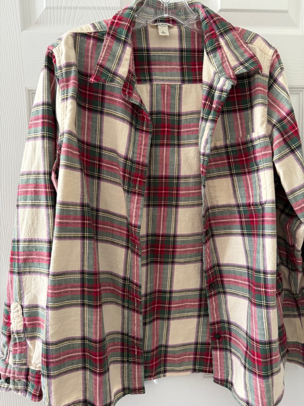 Cream Red Green Plaid Button-Up Shirt Jacket